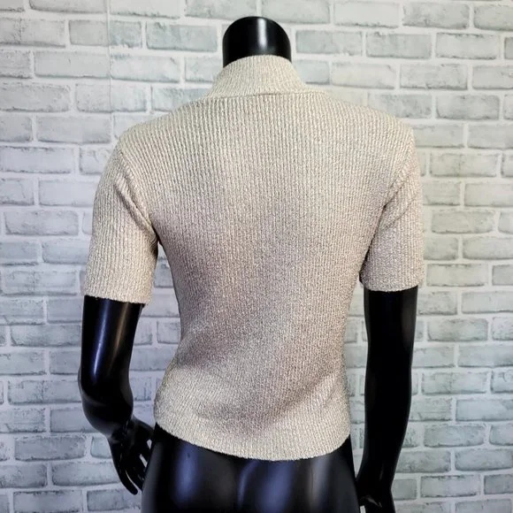 Vintage 90s Real Ellemenno Womens L Champagne Ribbed Stretch Knit S/S Turtleneck - Picture 4 of 6